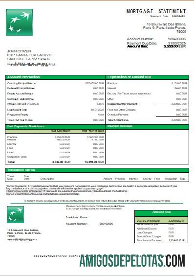 Declaração de hipoteca do Banco BNP da França Scr exemplo
